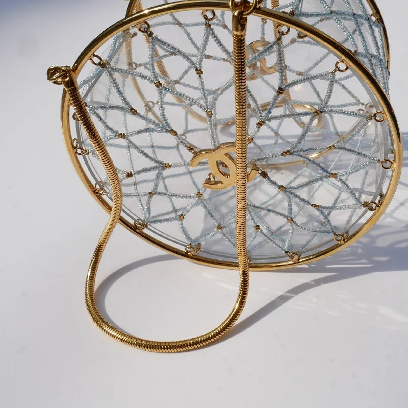 CHANEL 1990s Minaudiere Dreamcatcher Beaded Gold Transparent Round Circle Bag