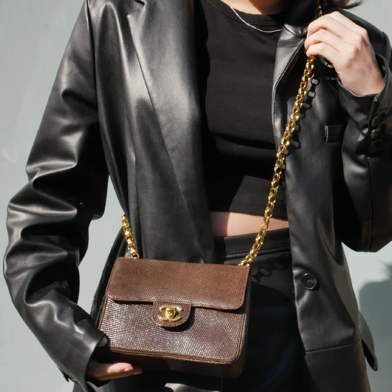 CHANEL 1989-1991 Classic Square Flap 17 Brown Lizard