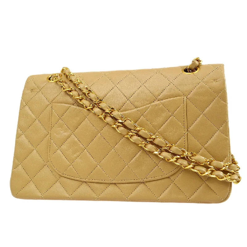 CHANEL 1989-1991 Beige Lambskin Quilted Double Chain Medium