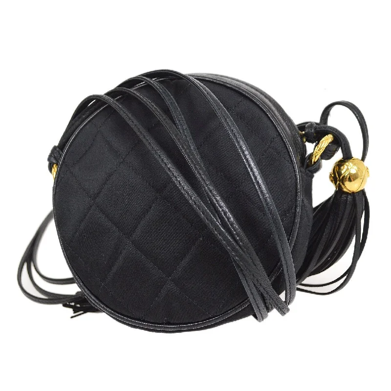 CHANEL 1989-1991 Round Shoulder Bag Black Satin