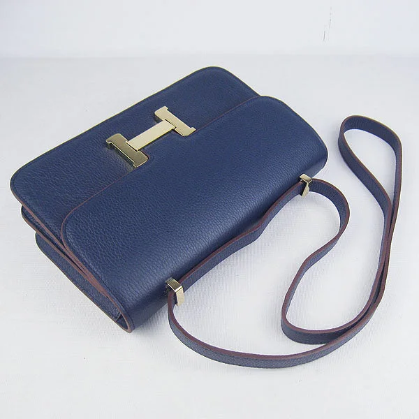 Hermes Calf Leather Message Bag H020 Dark Blue Golden