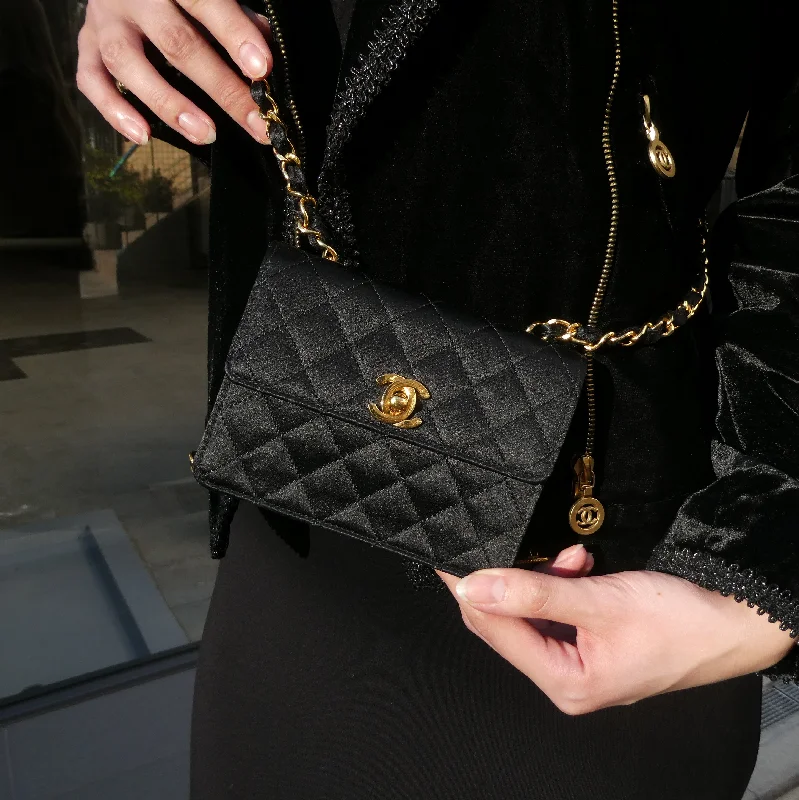 CHANEL 1989-1991 Straight Flap Bag Micro Black Satin