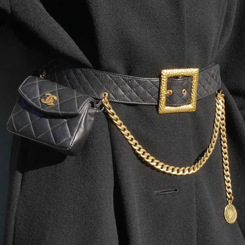 CHANEL 1994 Black Lambskin Quilted Belt Bag with Medallion Chain #80