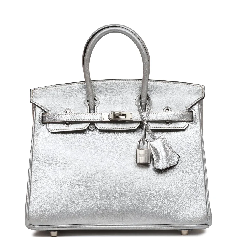 Top Quality Hermes Birkin 25 Silver Metallic Chevre Palladium Hardware