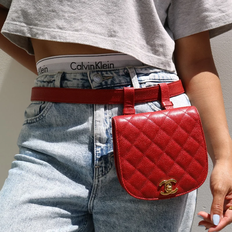 CHANEL 1989-1991 Red Caviar Round Belt Bag #80