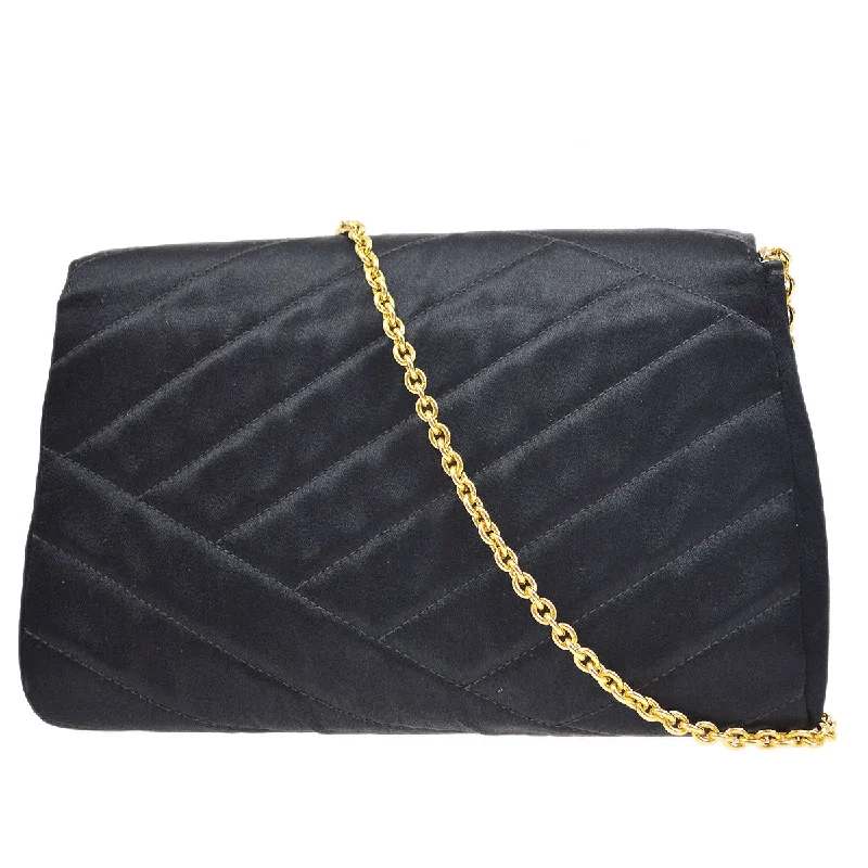 CHANEL 1990's Black Satin Diagonal Crystal & Gold CC Evening Bag