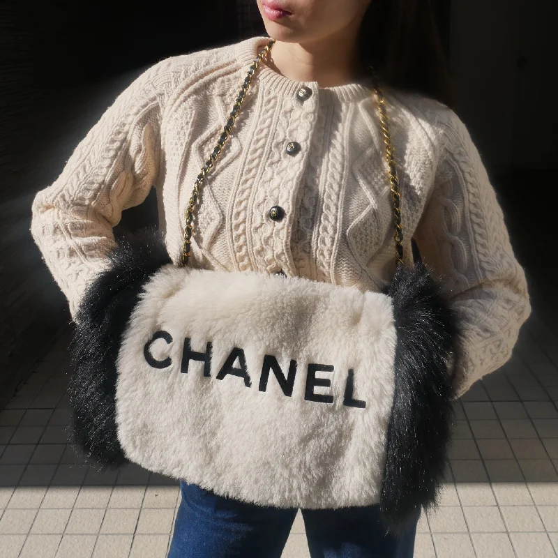 CHANEL 1994 Ivory Faux Fur Logo Arm Warmer Bag