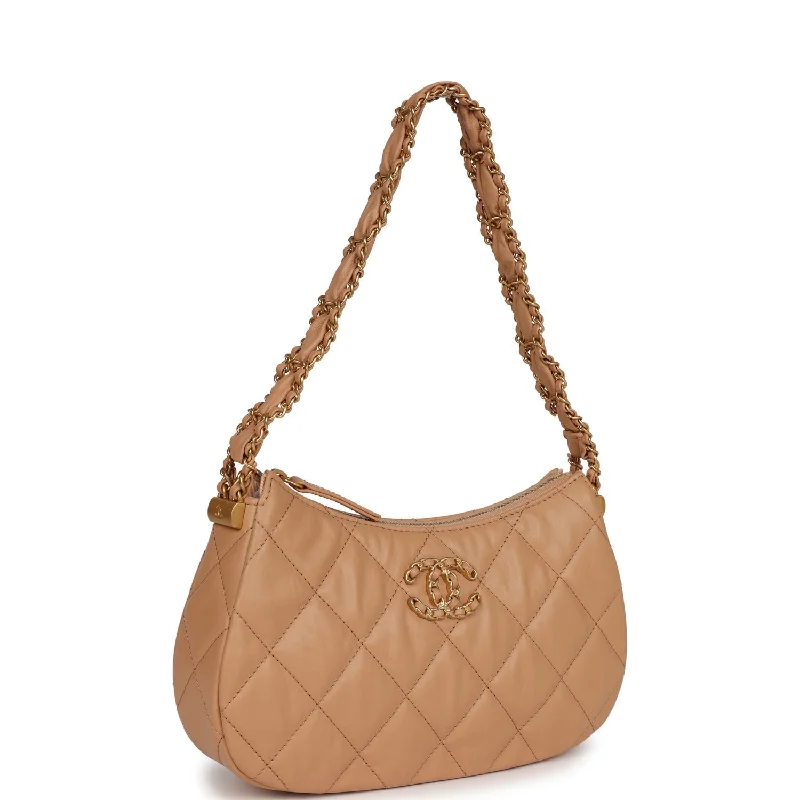 Chanel 19 Hobo Bag Beige Aged Calfskin Brushed Gold Hardware