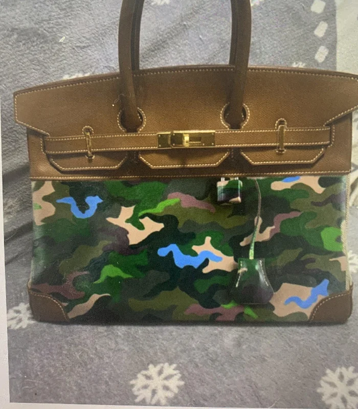 Vintage Hermès Birkin 35 Toile & Epsom Gold Hardware Custom Camo Paint