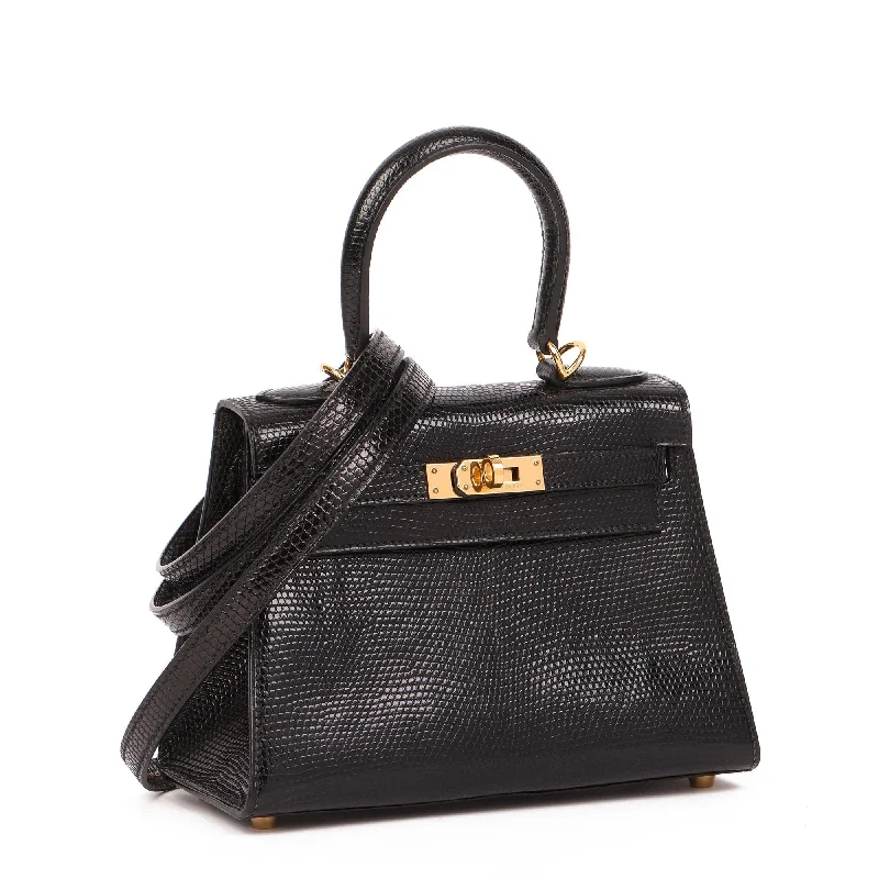 Hermes Black Lizard Leather Vintage Kelly 20cm Sellier Shoulder Bag