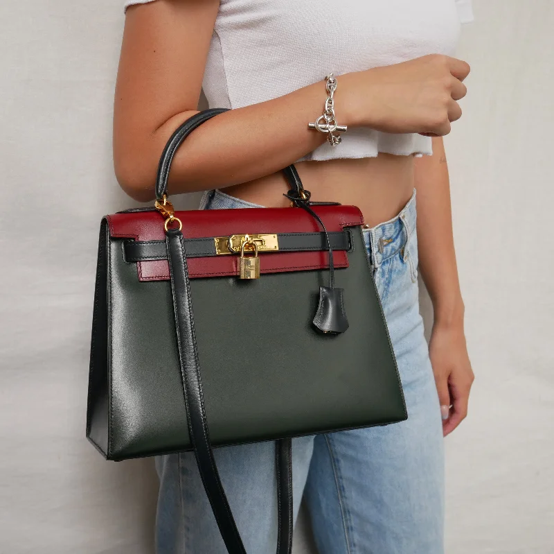 HERMES 1992 KELLY 28 SELLIER Tricolor Box calf