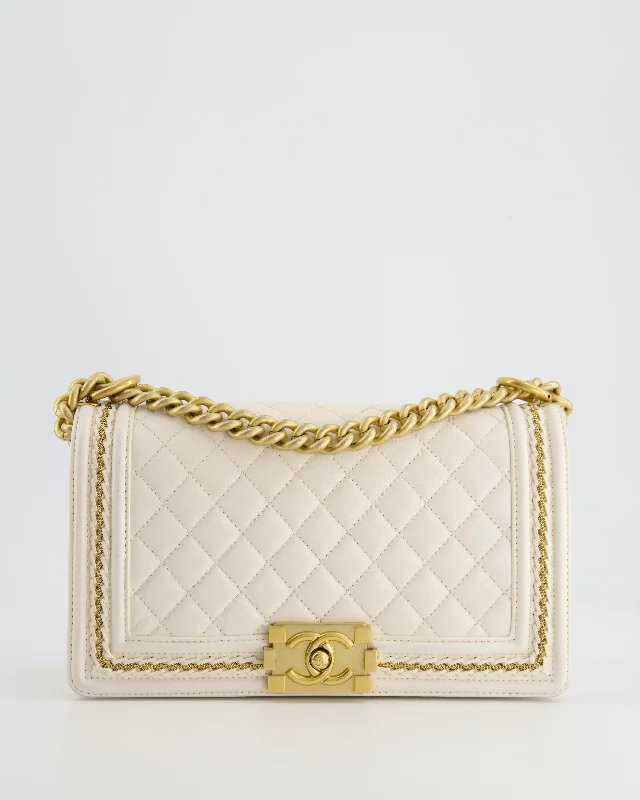 Chanel 17P White Medium Boy Bag in Lambskin Leather with Brushed Gold Hardware and Gold Chain Detail