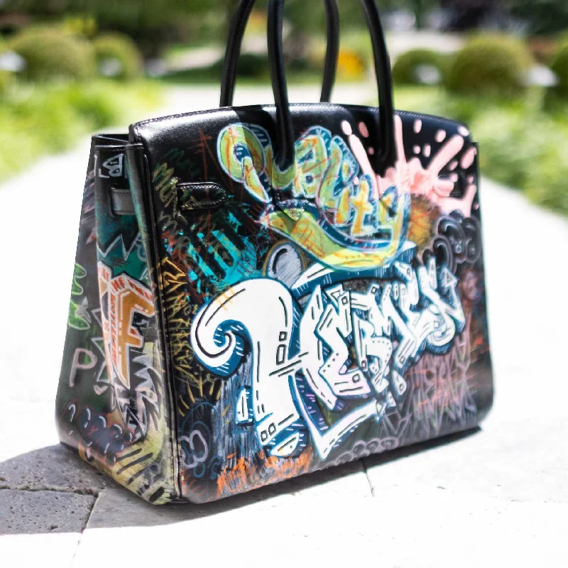 Vintage Hermès Birkin 35 SO BLACK Custom Painted "Graffiti" Edition Black PVD Hardware