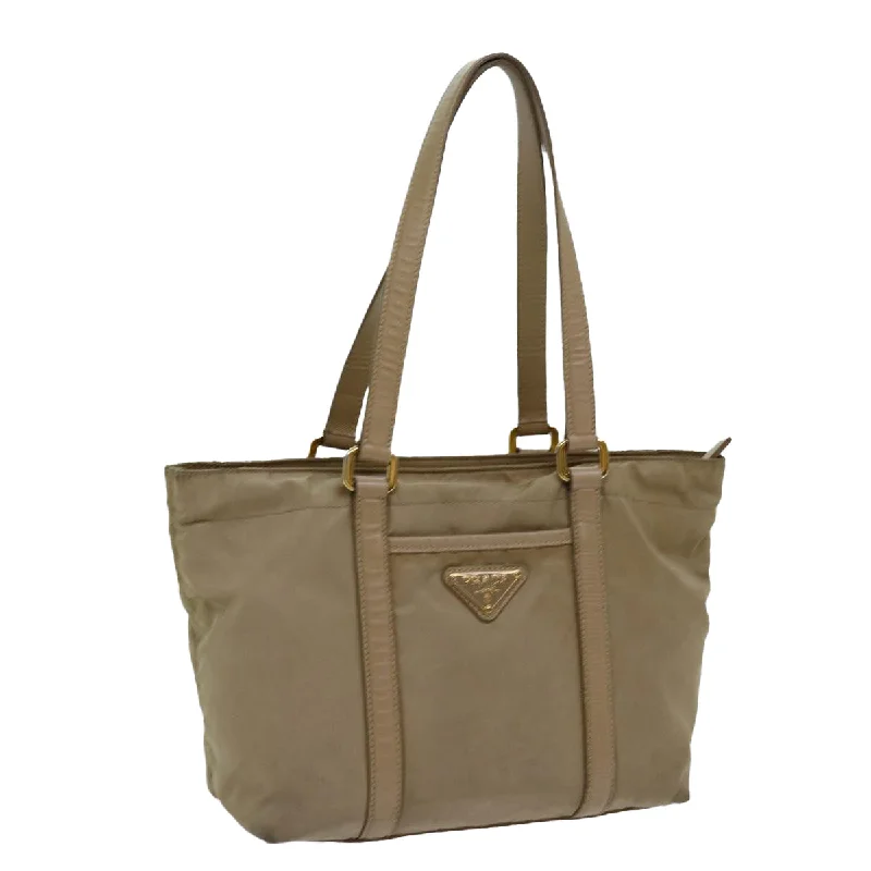 PRADA Tote Bag Nylon Beige Auth 70208