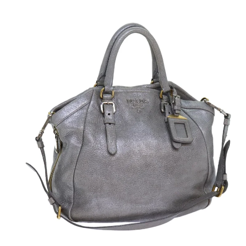 PRADA Hand Bag Leather 2way Silver Auth bs15822