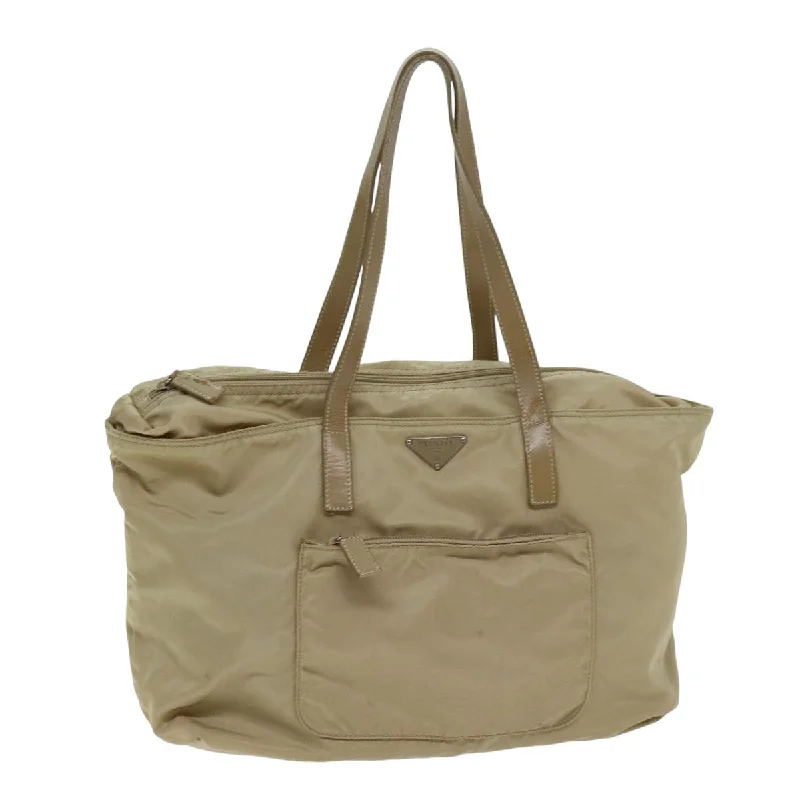 PRADA Tote Bag Nylon Beige Auth 75668