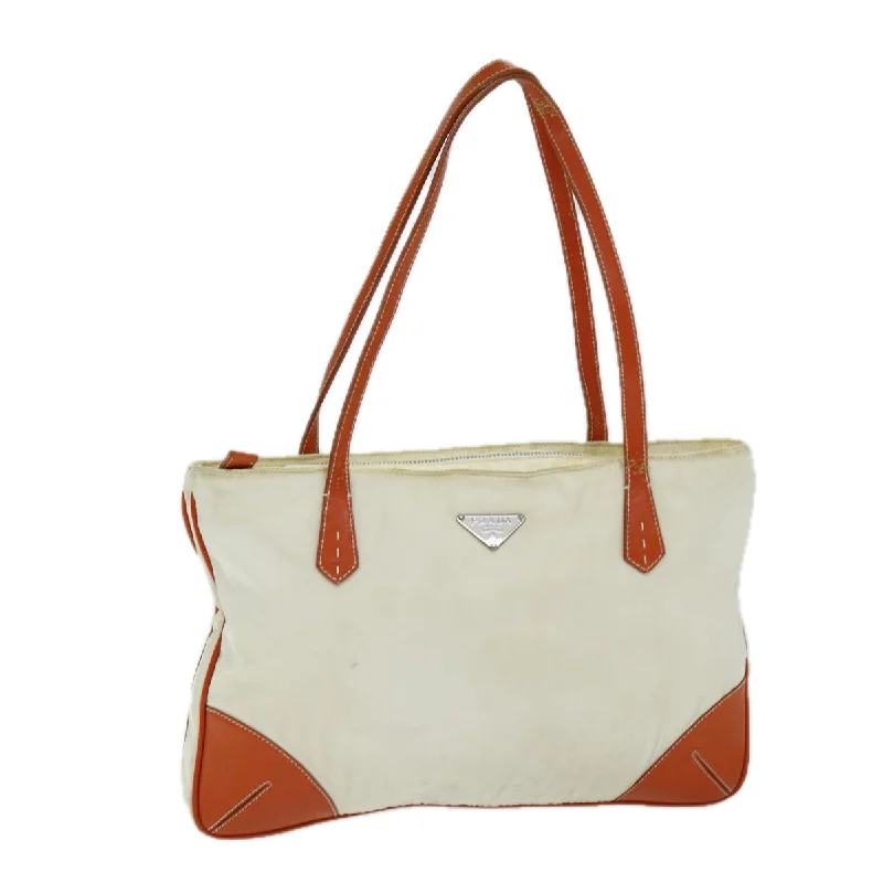 PRADA Tote Bag Nylon Beige Orange Auth 75334